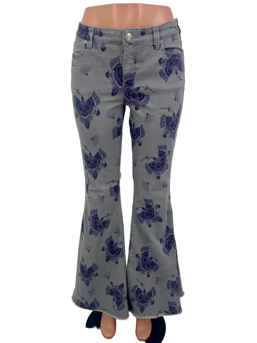 NWOT Free People Gray Mid-Rise Floral Super Flare Bell Bottom Jeans 32| 70s Boho - Picture 2 of 16